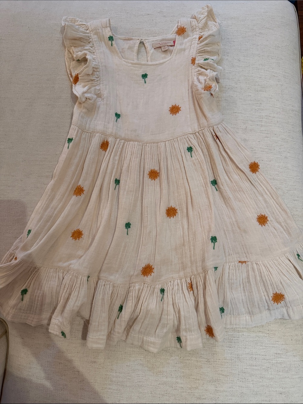 Girls Cream Floral Embroidered Ruffle Dress by Pink Chicken NY